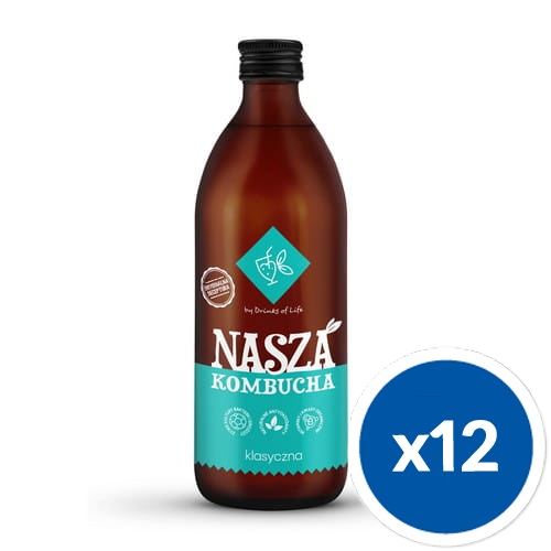 Nasza kombucha klasyczna 500 ml w zestawie po 12 szklanych butelek.