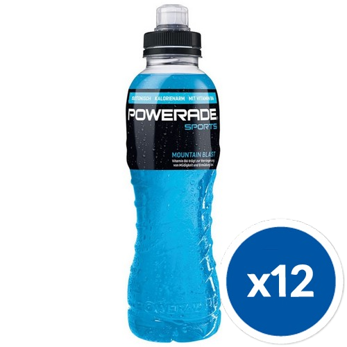 Powerade Mountain Blast izotonik w plastikowej butelce z korkiem o pojemności 500 ml.
