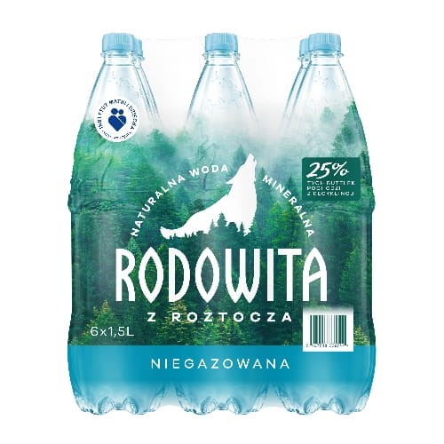 W opakowaniu zborczym znajduje się 6 plastikowych butelek wody Rodowita Niegazowana 1500 ml.