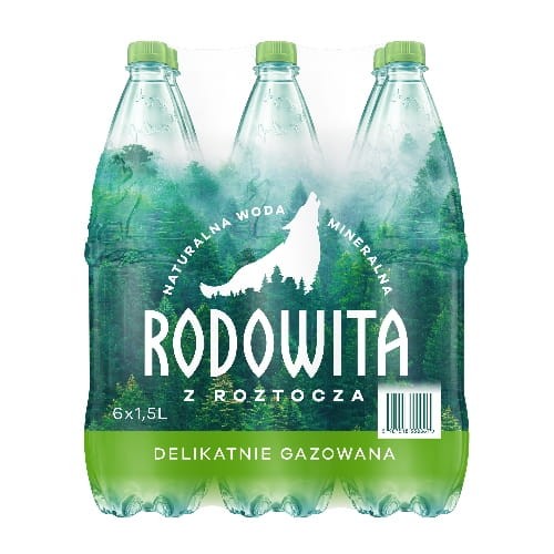 W opakowaniu zborczym znajduje się 6 plastikowych butelek PET wody Rodowita Delikatnie Gazowana 1500 ml
