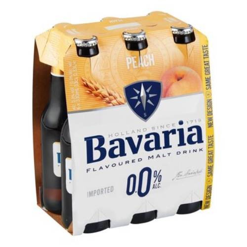 W zestawie znajduje się 6 butelek piwa bezalkoholowego Bavaria Brzoskwinia Free 330 ml