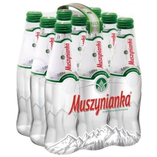 Zgrzewka 9 szklanych butelek wody Muszynianka Niskonasycona CO2 o pojemności 300 ml