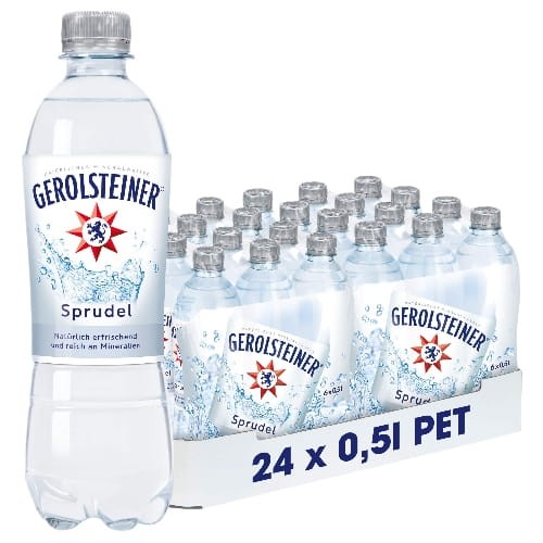 W zgrzewce znajdują się 24 plastikowe butelki wody Gerolsteiner 500 ml.