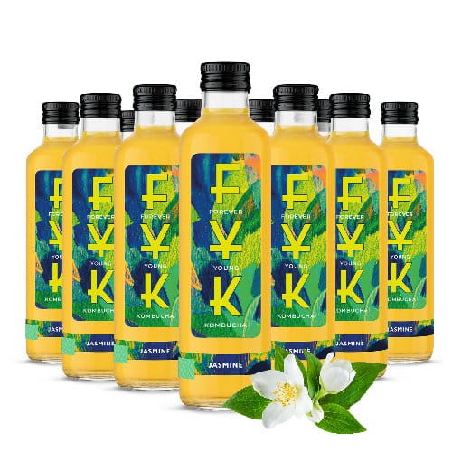 W zgrzewce znajduje się 9 szklanych butelek napoju Forever Young Kombucha 250 ml