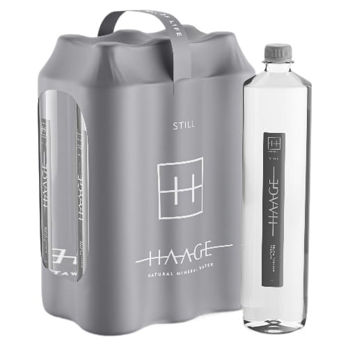 W zestawie znajduje się 6 plastikowych butelek wody Haage 1000 ml