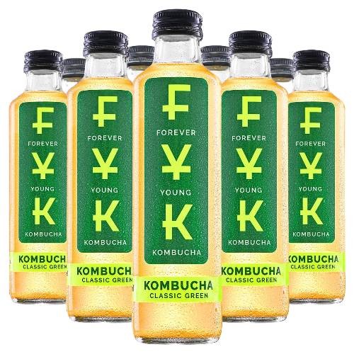 W zgrzewce znajduje się 9 szklanych butelek napoju Forever Young Kombucha 250 ml