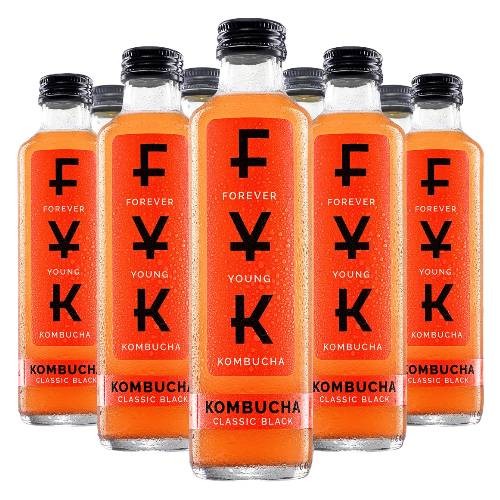 W zgrzewce znajduje się 9 szklanych butelek napoju Forever Young Kombucha 250 ml