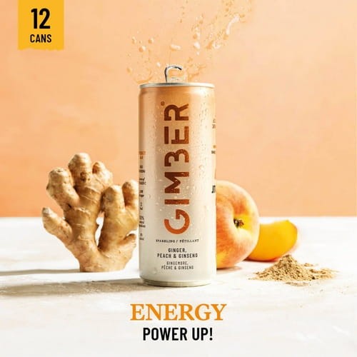 Gimber Peach & Ginseng to w 100% naturalny, niskokaloryczny i bezalkoholowy napój, który łączy świeżość soczystej brzoskwini z energetyzującą mocą żeń-szenia i charakterystyczną ostrością imbiru.
