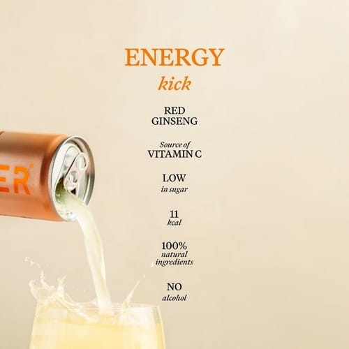 Gimber Peach & Ginseng to zdrowy, w 100% naturalny niskokaloryczny napój imbirowy bogaty w witaminy