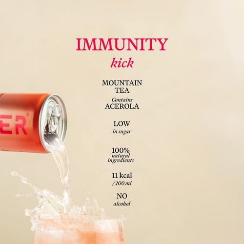 Gimber Raspberry & Mountain Tea to zdrowy, w 100% naturalny niskokaloryczny napój imbirowy bogaty w witaminy