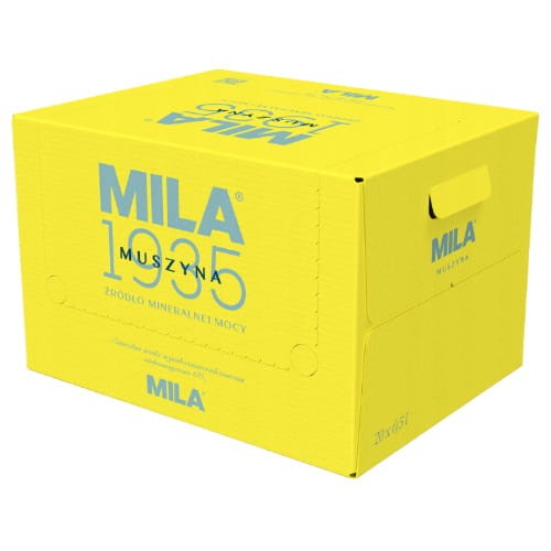 Mila Muszyna 500 ml PET pakowana jest w żółte kartony zbiorcze po 20 butelek.