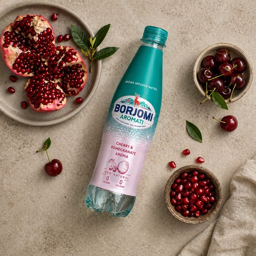 Borjomi Aromati Wiśnia Granat 500 ml to gazowana woda smakowa na bazie naturalnej wody mineralnej.