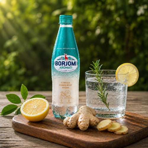 Borjomi Aromati Cytrusy Imbir to gazowana woda smakowa na bazie naturalnej wody mineralnej Borjomi, z dodatkiem naturalnych aromatów.