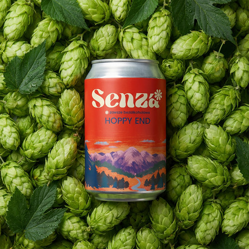 Senza Hoppy End 330 ml to bezalkoholowe Hazy IPA o miękkim profilu, niskiej goryczce i soczystych nutach cytrusów, mango i marakui.