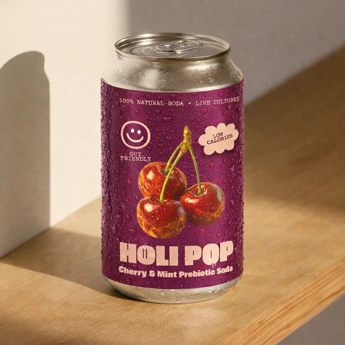 Holi Pop Wiśnia & Mięta to lekki napój prebiotyczny bez dodatku cukru, z wyrazistą wiśnią, świeżą miętą, octem jabłkowym, żywymi kulturami bakterii i 3 g błonnika na porcję.