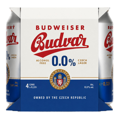 W zestawie znajdują się 4 puszki piwa bezalkoholowego Budweiser Budvar
