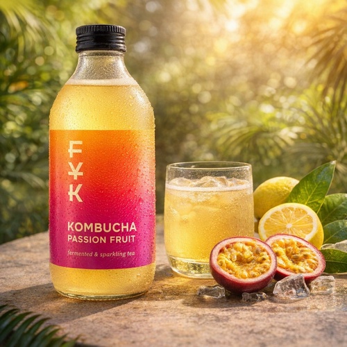 Foverer Young Kombucha o smaku marakui to napój herbaciany z naturalnej fermentacji, bogaty w probiotyki, kwasy organiczne, enzymy trawienne i antyoksydanty.